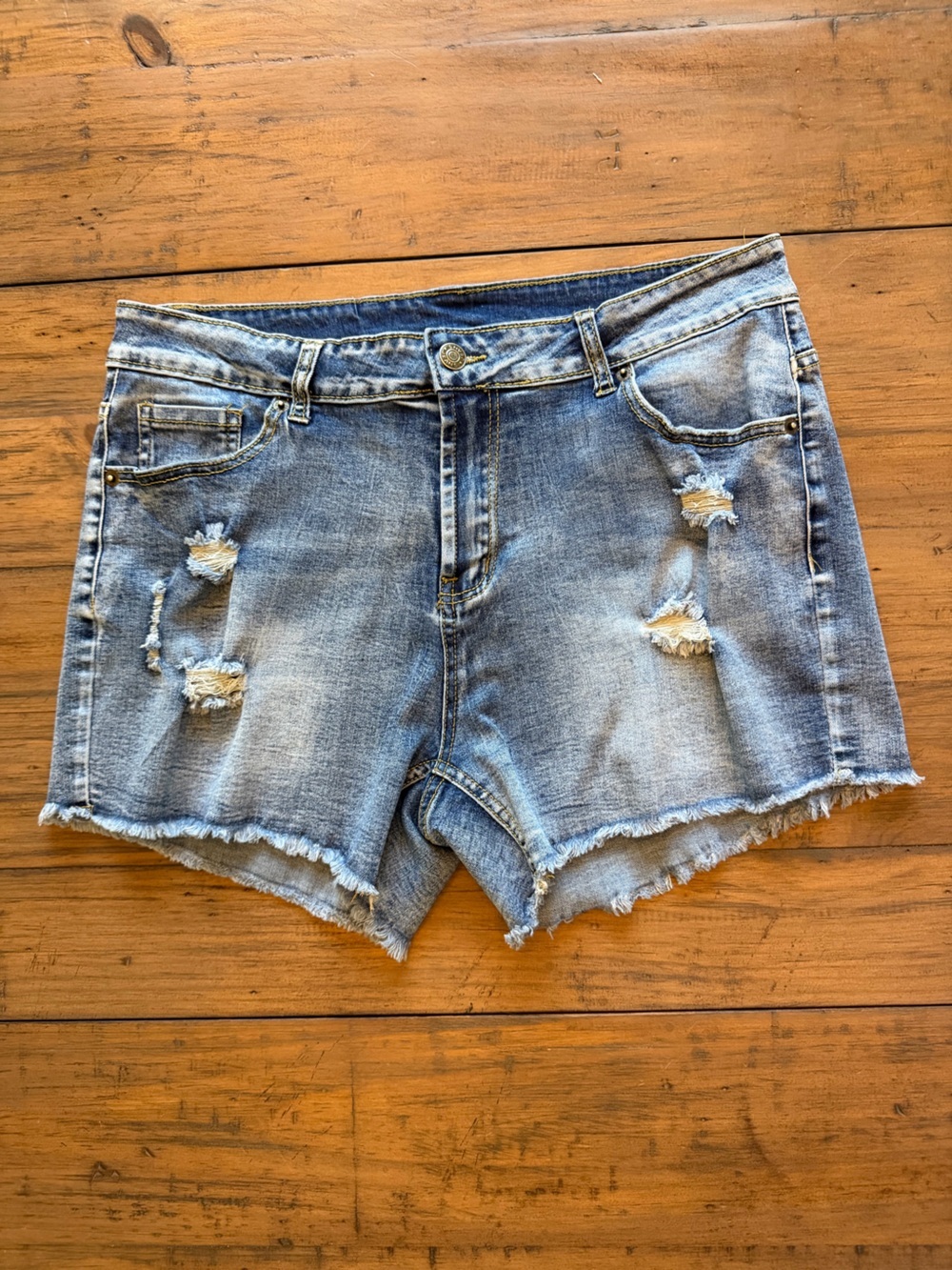 High-Rise Distressed Denim Shorts - Light Blue